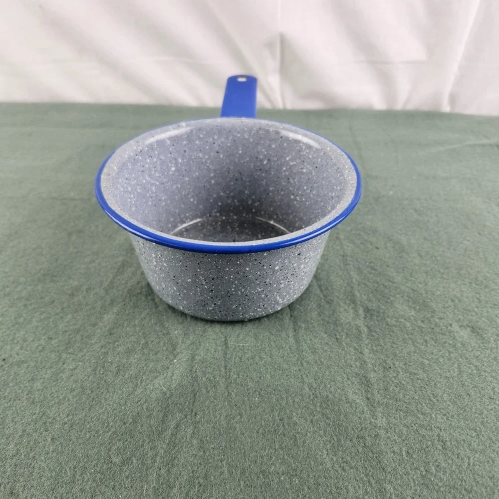 Vintage Enamelware Small Sauce Pan Pot Gray White Speckled Blue Trim Camping